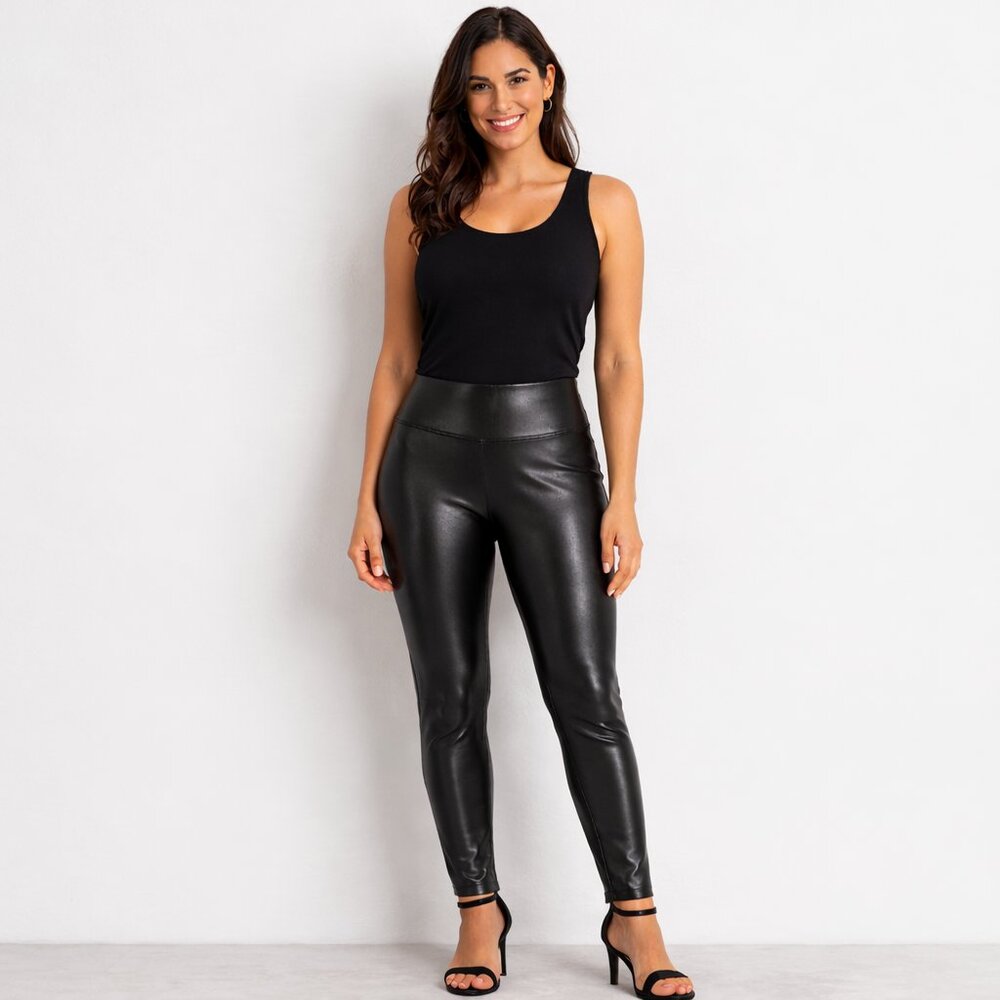 SPANX Faux Leather Leggings Petite Large Black High Rise Shaping Pants